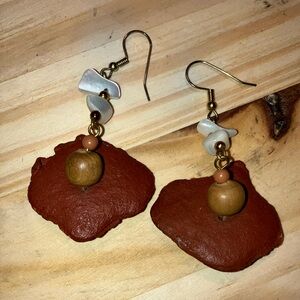 Hand Crafted Brown and Cream Earrings with Organic Leather & Shells 2.5”